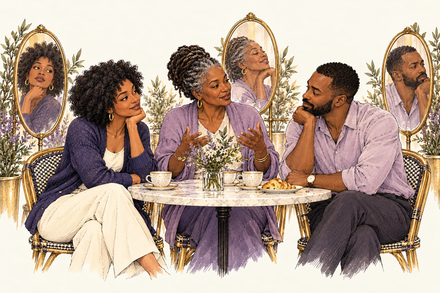 An illustration of three people in conversation, with mirrors suggesting the relationship between self-image and how people experience one another.